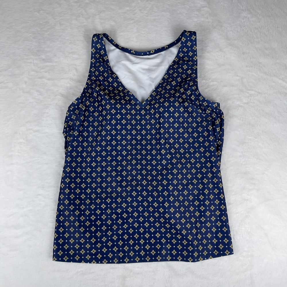 Kona Sol Tankini Swim Top Women's Medium Navy Tile Print Sleeveless Slit Back